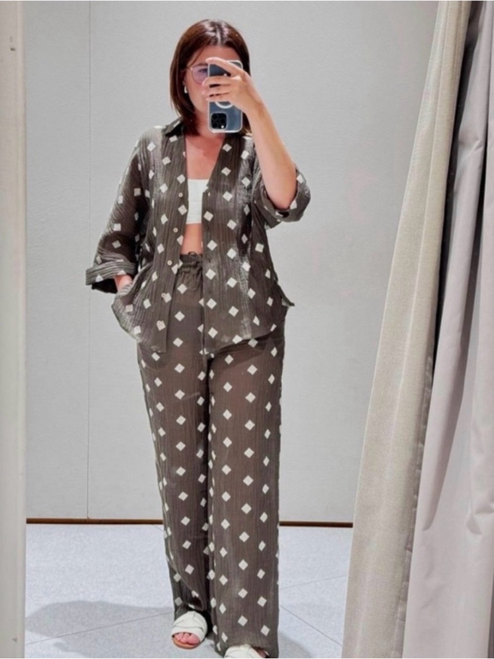 Zara diamond embroidered olive shirt and pants set beach vacay vacation